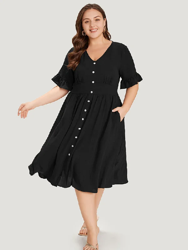 Solid Bell Sleeve Button Detail Pocket Gathered Dress