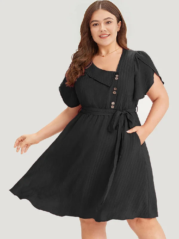 Solid Irregular Neck Pocket Button Detail Petal Sleeve Dress