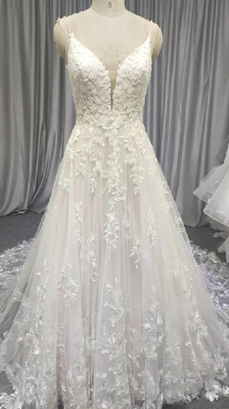 Spaghetti Long Lace Prom Dresses, Romantic Wedding Dresses A-line Wedding Dresses C2424