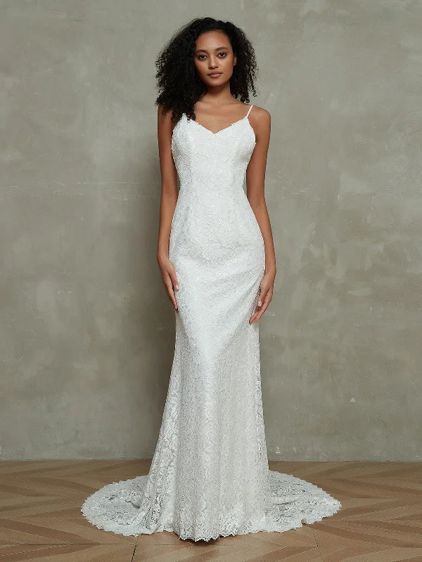 Spaghetti Strap Mermaid Lace Simple Bridal Dresses-Ivory