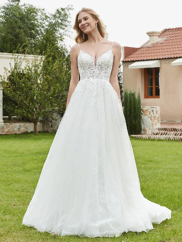 Spaghetti Straps Plunging V-Neck Backless Bridal Gown-Ivory