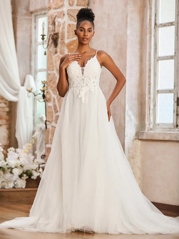 Spaghetti Straps Plunging V-Neck Lace Bodice Wedding Dress-Ivory