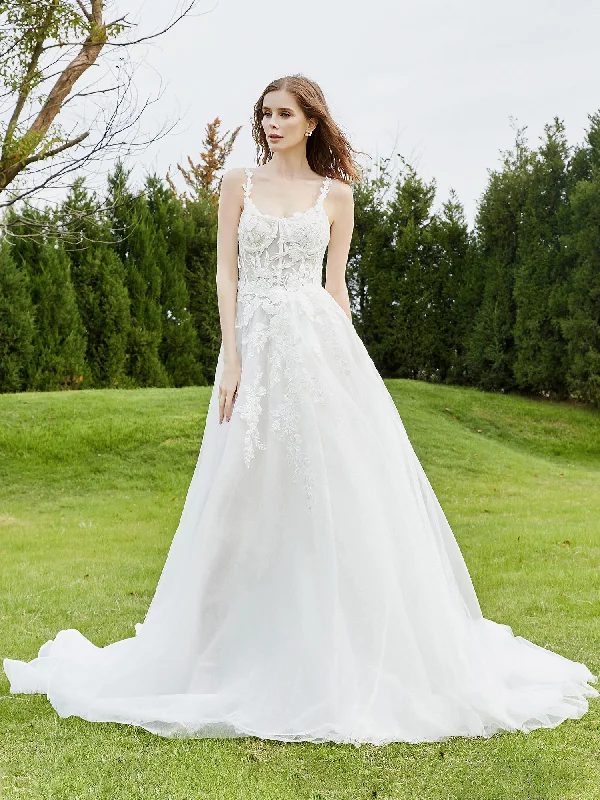 Spaghetti Straps Tulle Chapel Train Wedding Dress-Ivory