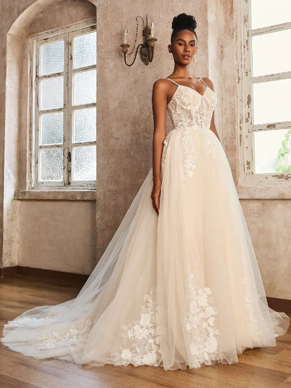 Spaghetti Straps V-Neck Lace Bodice Appliques Wedding Dress Ivory/Champagne