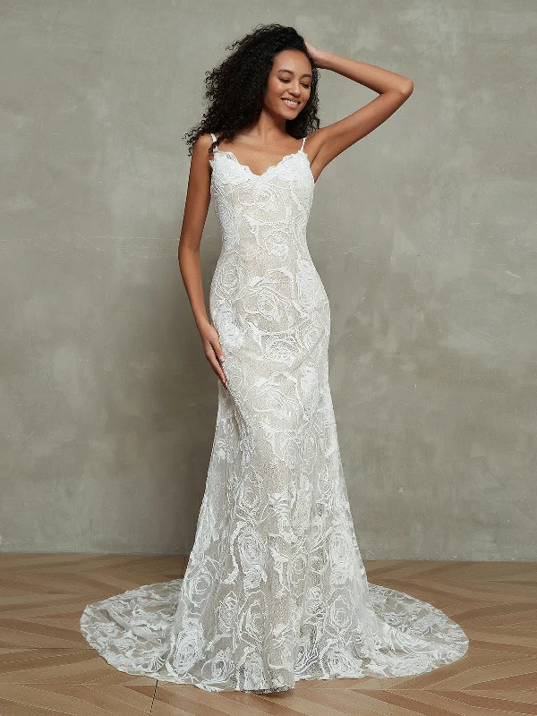 Spaghetti Straps Vintage Lace Mermaid Wedding Gowns-As Picture