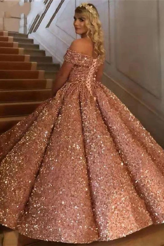 Sparkly Sweetheart Off The Shoulder Ball Gown Wedding Dresses | Sequin Puffy Bridal Gown c3259