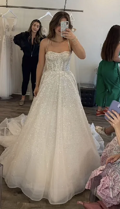 Glitter Beach Wedding Dresses Spaghetti Straps A-Line Bridal Gowns Open Back Long Simple Prom Dress c2568