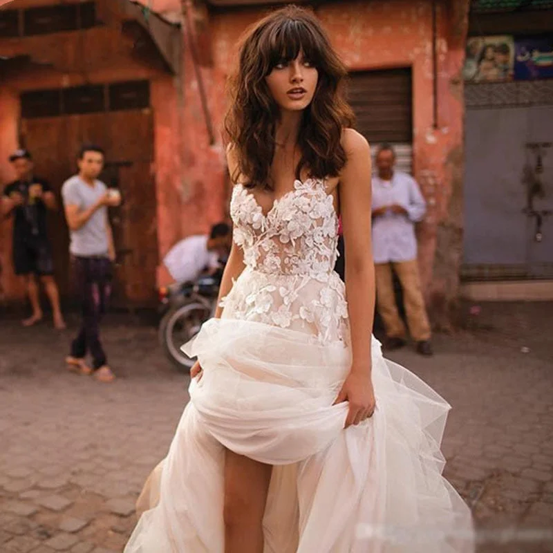 Cinessd Back to school Sweetheart Princess Wedding Dress Lace Appliqued With 3D Flowers Tulle Backless Boho Wedding Gown Free Shipping Bride Dress