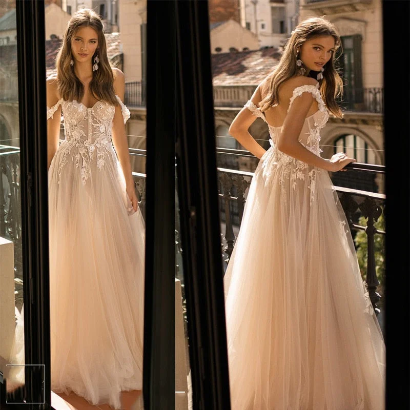 Cinessd Back to school Sweetheart Wedding Dress 2022 Off The Shoulder 3D Flowers Tulle A-Line Lace Bride Gowns Vestidos De Novia Princess Wedding Gowns