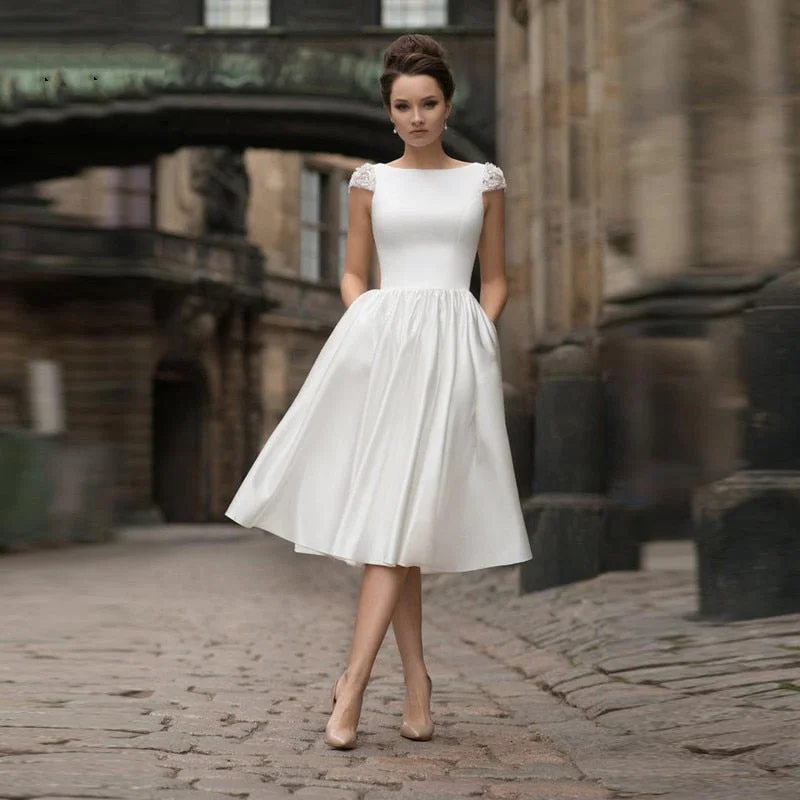 Cinessd Back to school outfit Tea-Length Short Wedding Dresses 2022 Cap Sleeve Boat Neck Appliques Beads Sequins A-Line Bridal Gown For Women Robe De Mariee