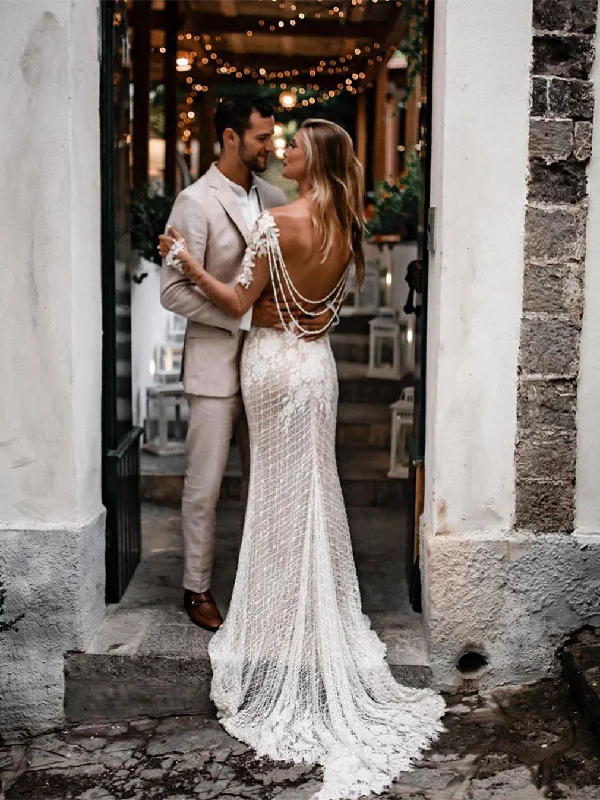 Unique Bateau Lace Wedding Dresses Mermaid long Sleeves Gowns WD287