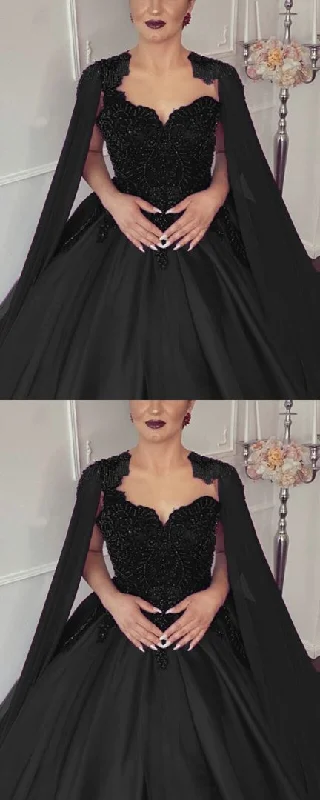 Unique black wedding dress with beaded corset and cape back prom dress   cg18101