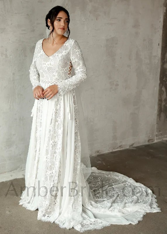 Unique Bohemian Lace and Chiffon V-Neck Wedding Dress with Long Sleeves