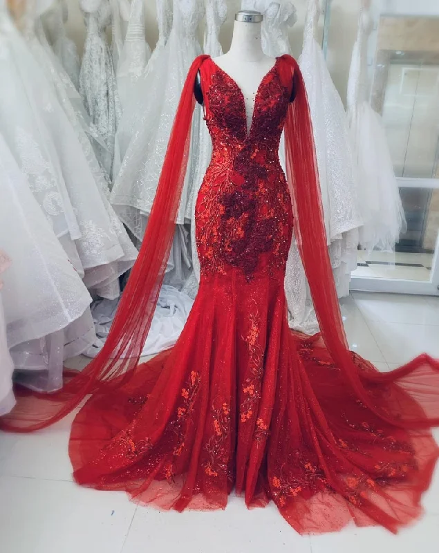 Unique Red Vintage Wedding Dress, Made to Measure Wedding Dress, Princess Bridal Gown Mermaid Prom Dress C2254