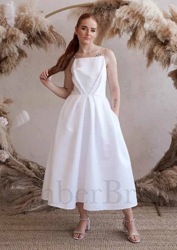 Unique Tea Length Backless Wedding Reception Dress with Spaghetti Straps