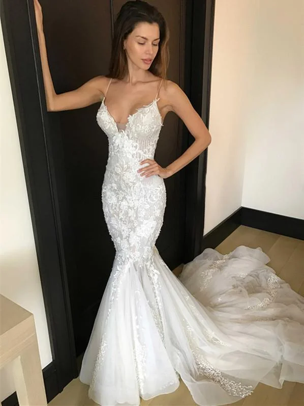 Unique Tulle Spaghetti Straps Neckline Mermaid Wedding Dresses With Appliques WD066 Unique Tulle Spaghetti Straps Neckline Mermaid Wedding Dresses With Appliques WD066