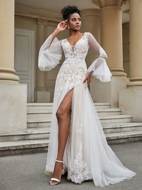 V-Neck A-Line Lace Tulle Wedding Dress As Picture