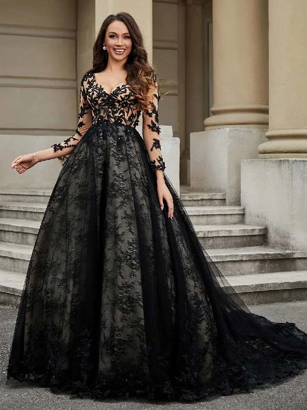 V-Neck Flower Appliqued Ball Gown As Picture