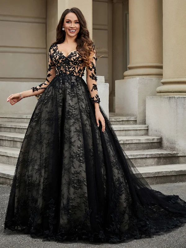 V-Neck Flower Appliqued Ball Gown Black