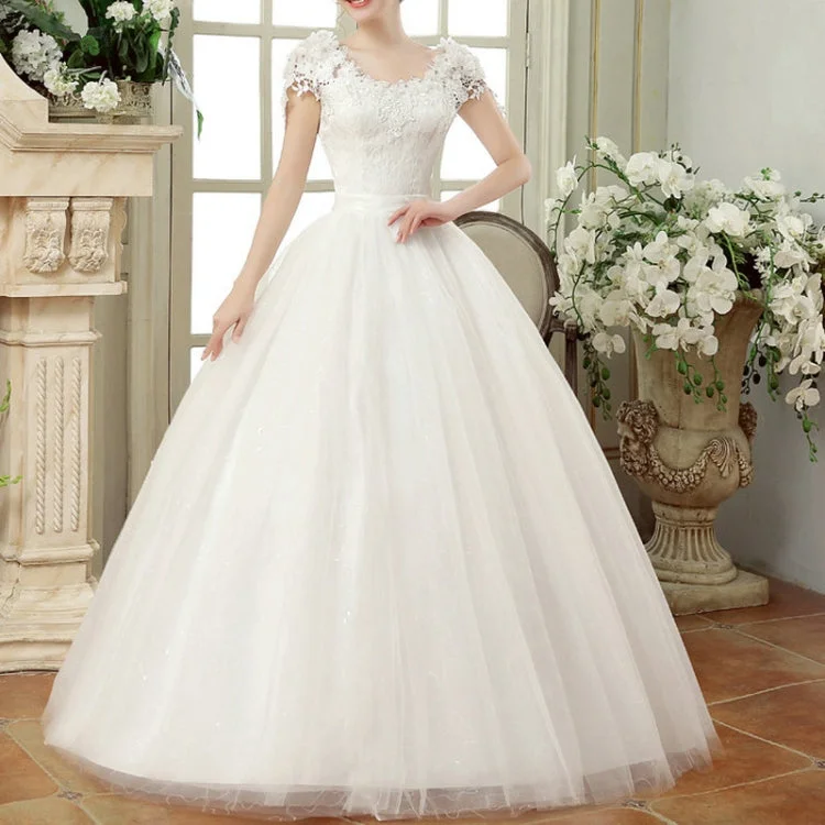Vintage Lace Short Sleeved Round Neck Slim Slim Wedding Dress, Size:XL(White)