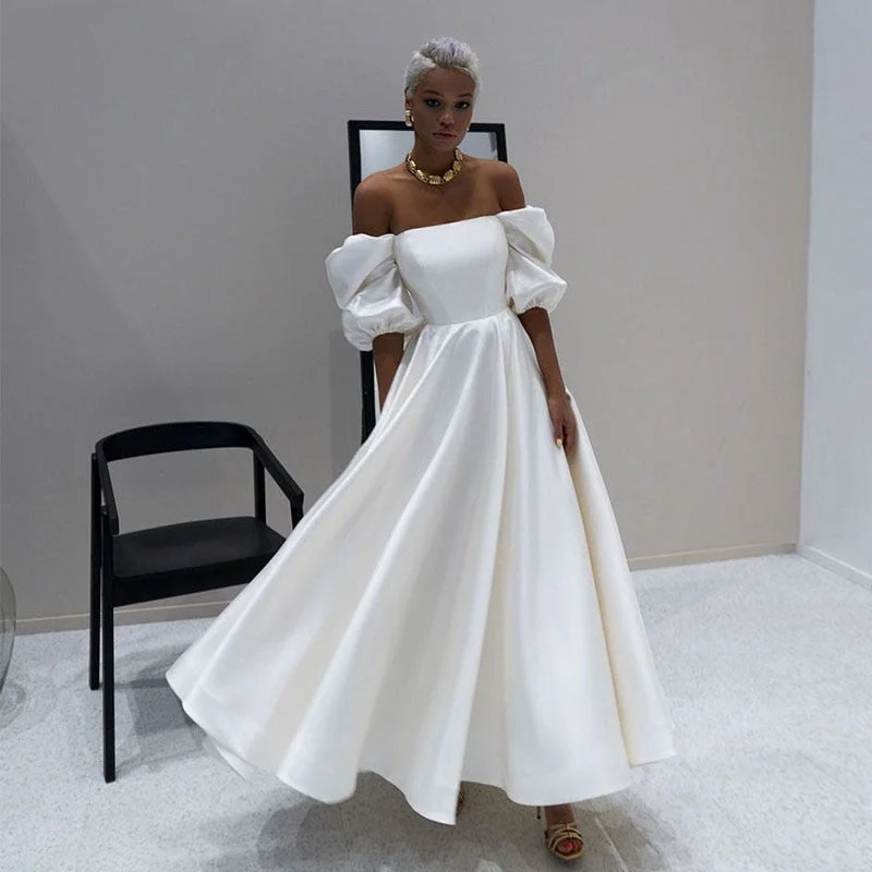 Cinessd Back to school Vintage Satin Wedding Dresses Off The Shoulder Short Puffy Sleeves Ankle Length A-Line Simple Wedding Party Gowns