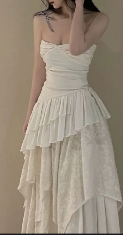 Vintage Strapless Long White Lace Wedding Dress A Line Prom Dress cc1622
