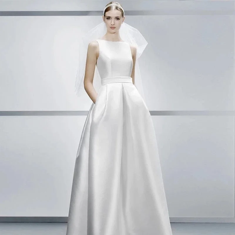 Cinessd Back to school White Backless Wedding Dress Satin A-Line Thin With Pocket New Vestidos De Novia Wedding Party Dress Elegant Wedding Gown