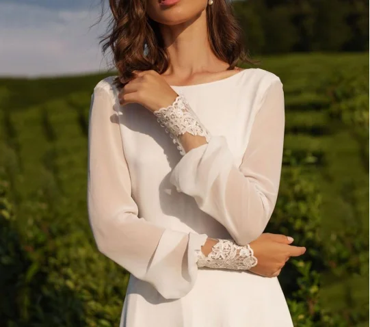 White Chiffon Simple Prom Dress Wedding Dress Open Back Prom Dress With Long Sleeves c3334