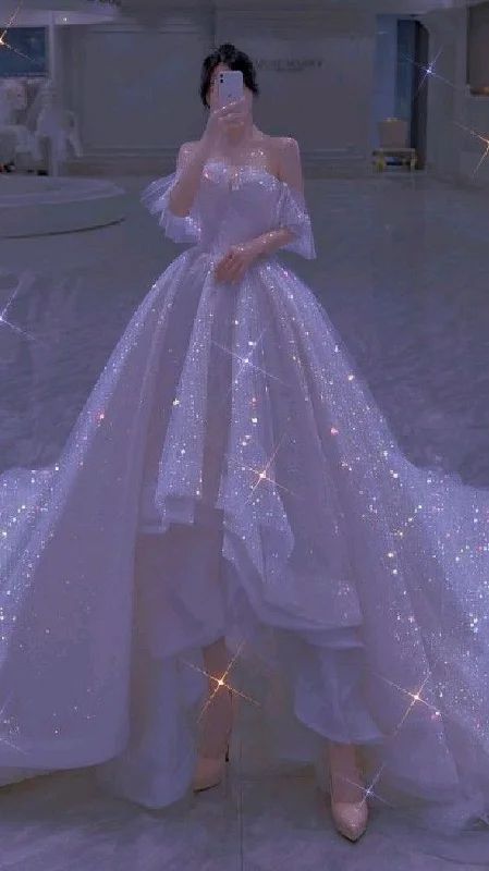 White Glitter Hi-low Prom Dress Off The Shoulder Wedding Dress With Long Train  c3397