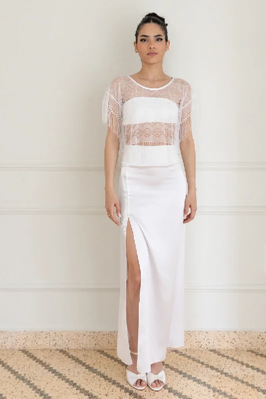 White Sheer Lace Top And Satin Skirt Three Piece Set