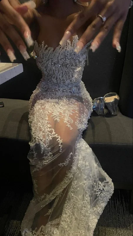 White Luxurious Mermaid Wedding Dress Charming Bride Dress cc90