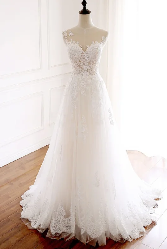 WHITE ROUND NECK TULLE LACE LONG PROM DRESS WHITE TULLE WEDDING DRESS   cg13475