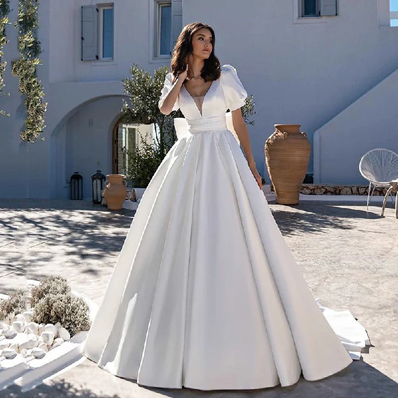 Cinessd Back to school outfit White Satin Wedding Dresses With Pockets 2022 Short Sleeves Backless Bridal Dress Dubai  For Women Robe De Mariee Customize