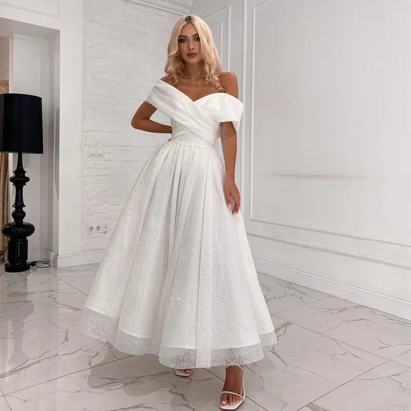 Cinessd Back to school outfit White Wedding Dress Beach Boho Off The Shoulder Princess Bridal Dress Glitter A-Line Elegant Short Shinny For Women Robe De Mari
