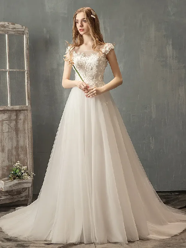 Women Elegant Lace Mesh See-Through Flower Solid Color Sweep Length Wedding Evening Dress
