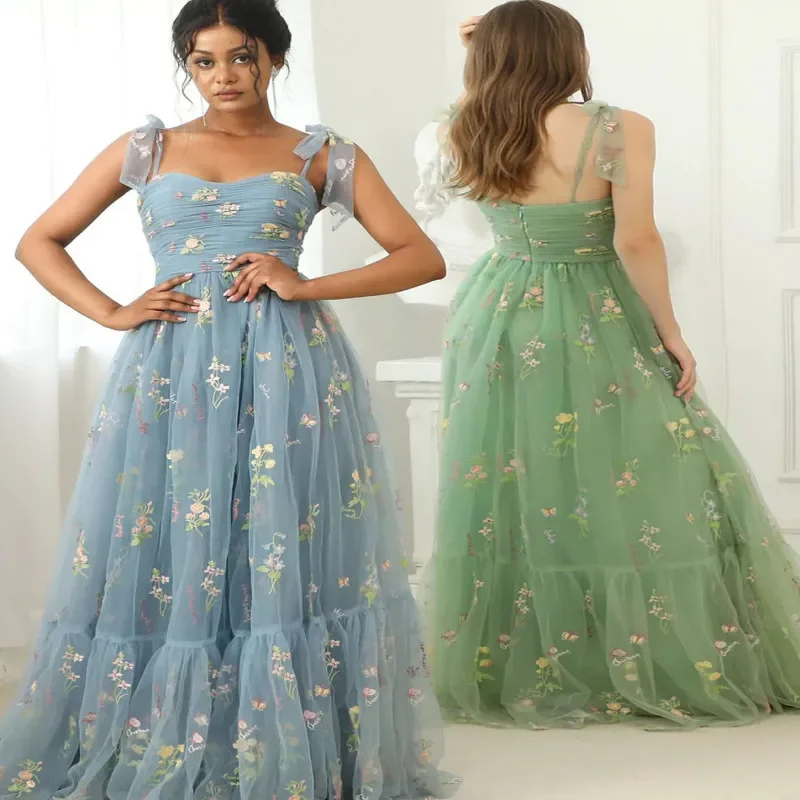 Women Summer Sling Party Sweet Flower Embroidery Maxi Mesh Dress