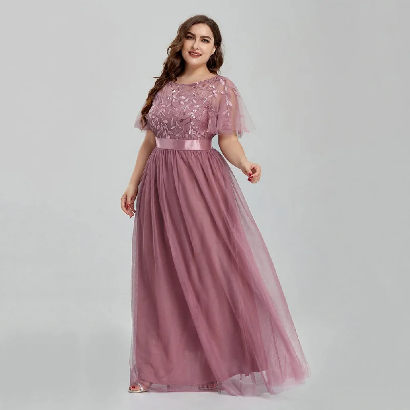 Cinessd  Women's Plus Size Mesh A-Line Sequin Embroidery Evening Dress Leaf  Maxi Prom Dress With Sleeves For Wedding Dress 2022