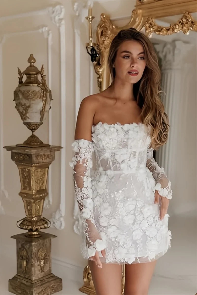 Cinessd Women's Short Wedding Dresses Lace Floral Appliques Bridal Gown Strapless with Detachable Long Sleeves Flowers Prom Dress
